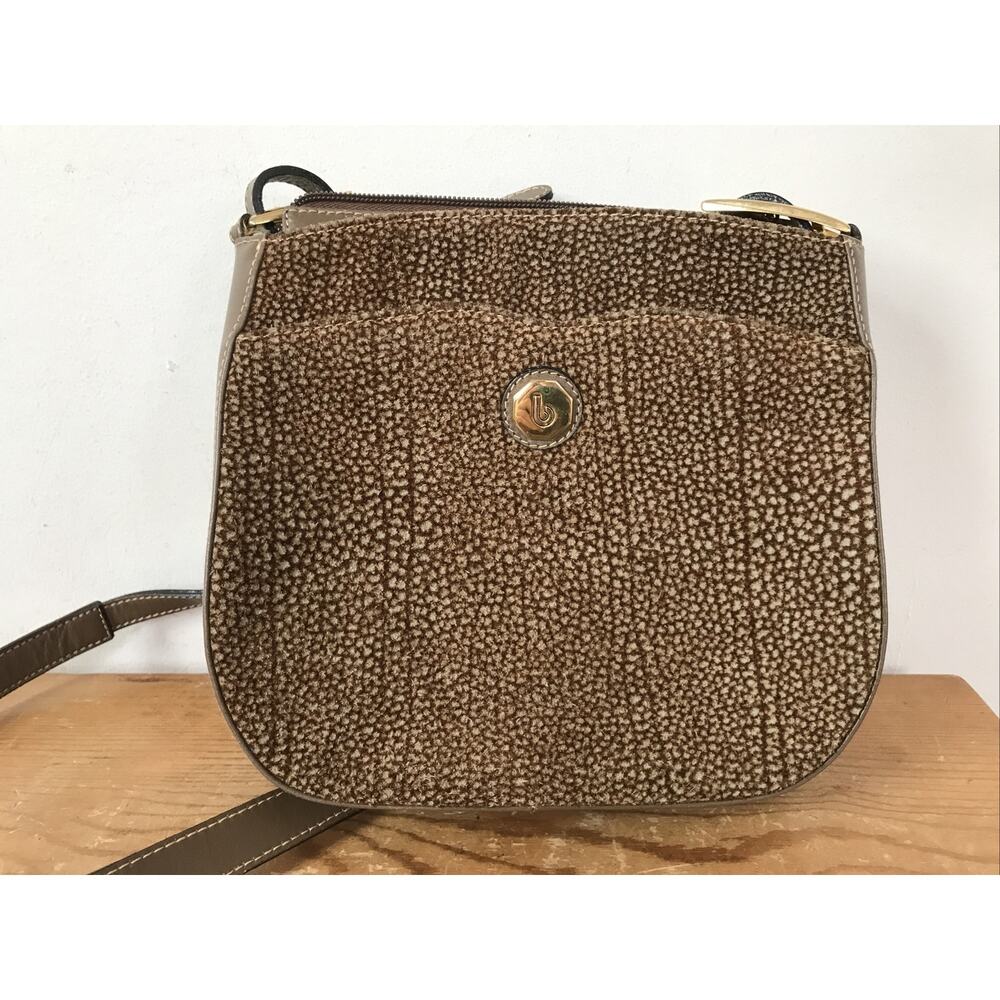 Vintage Bettina Brown Leather Patterned Fuzzy Fur Shoulder Bag Bucket Purse